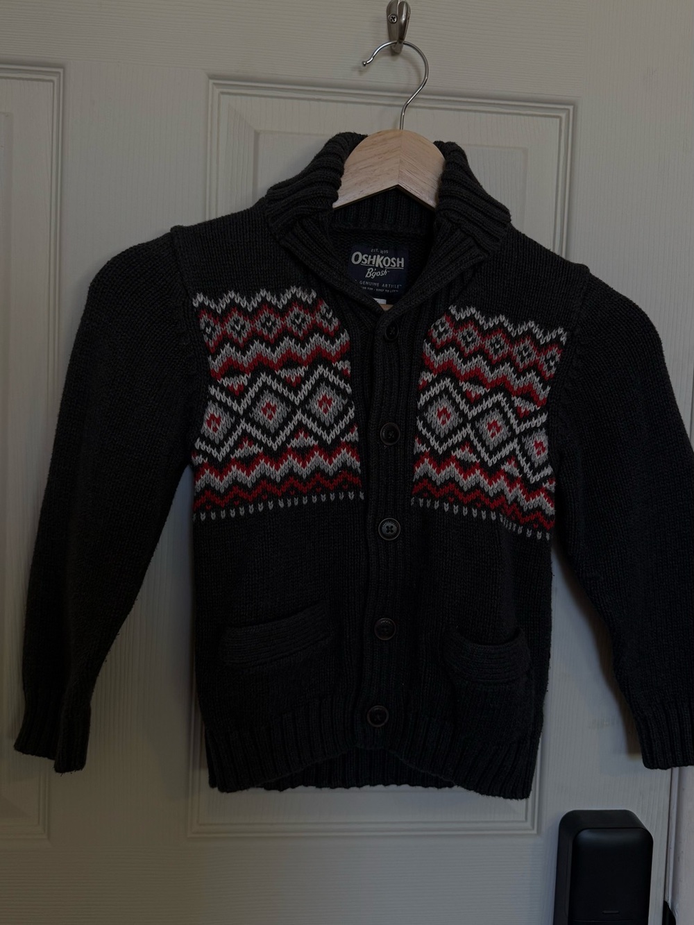 OshKosh B'gosh Black Knit Cardigan with Red & White Fair Isle Accents